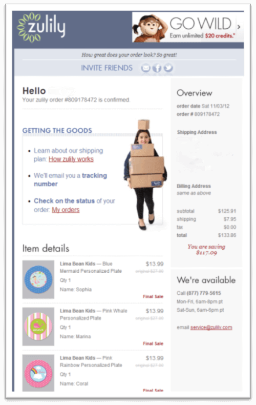 Zulily order confirmation email example