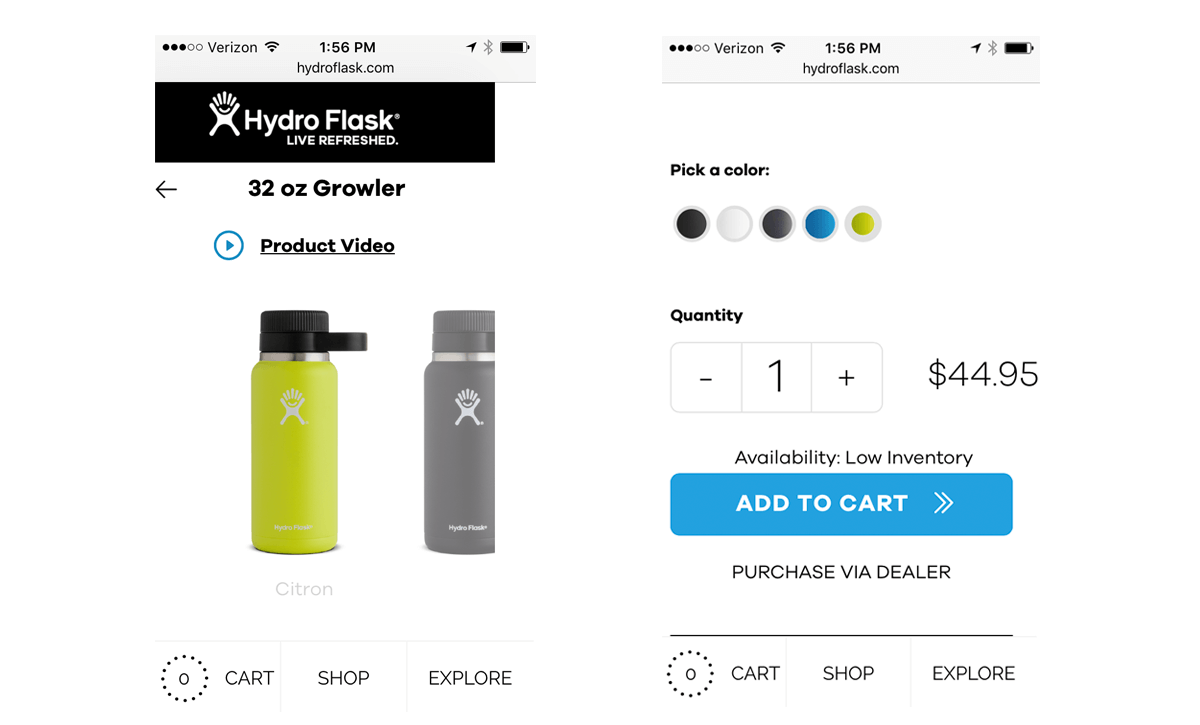 Hydroflask product page design elements add to bag button