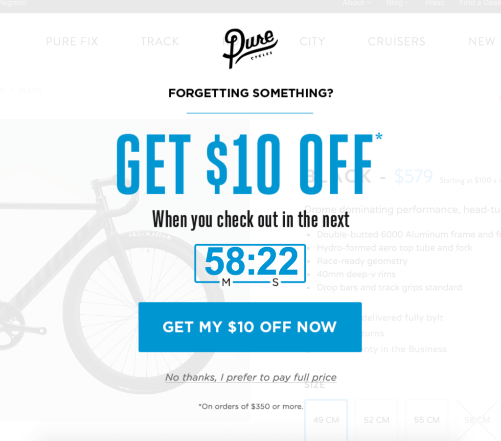 ecommerce optimization pure cycles exit popup