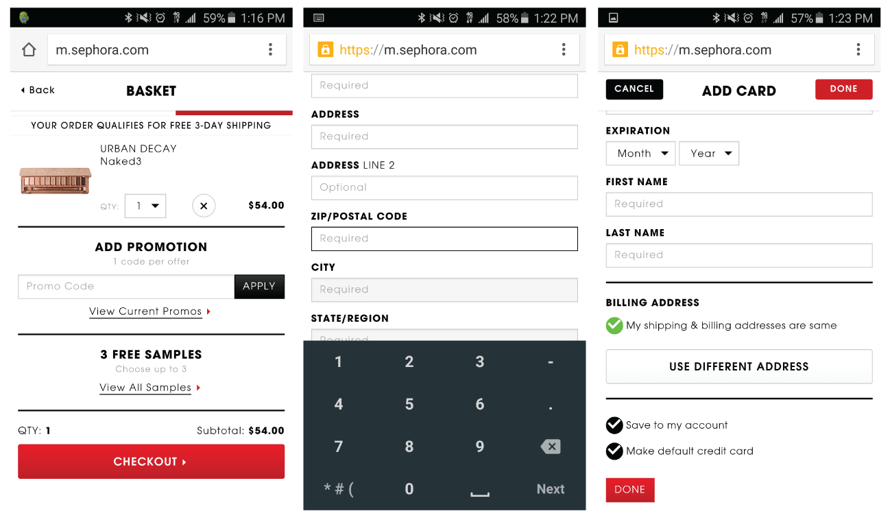 ecommerce mobile checkout optimization example Sephora