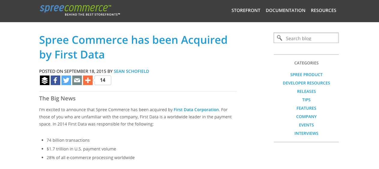 spree commerce acquisition first data corporation