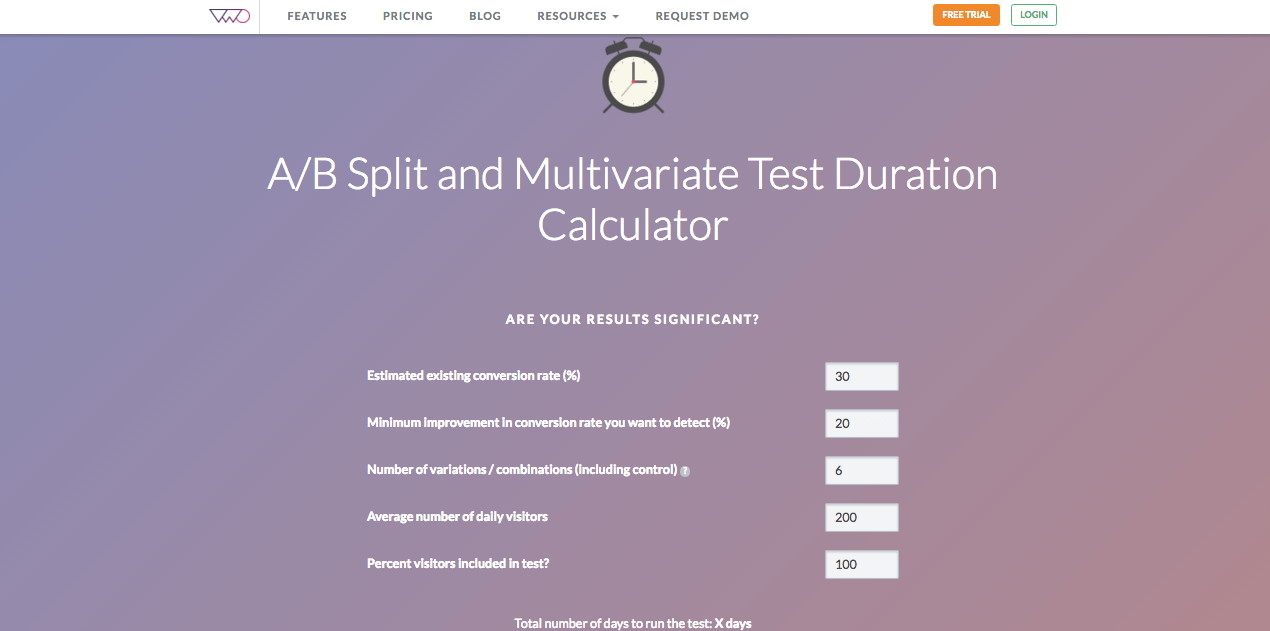 ab split mutivirate test duration calculator VWO
