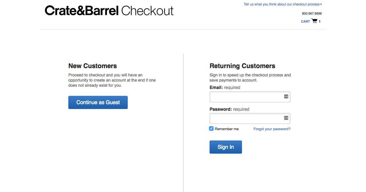 Crate & Barrel guest checkout that converts