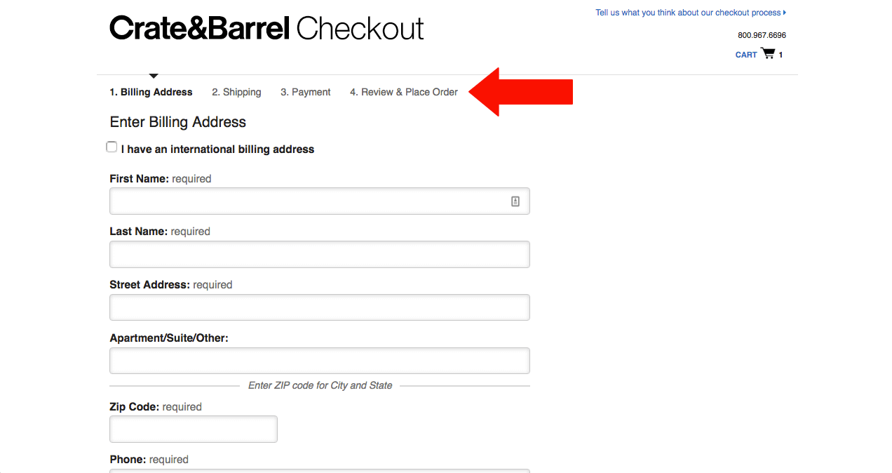 Crate & Barrell visual indicators checkout that converts