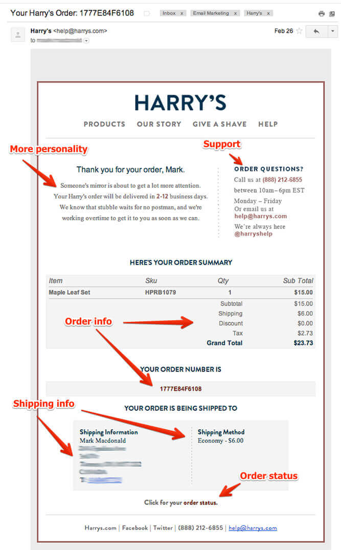 Harry's order confirmation email ecommerce