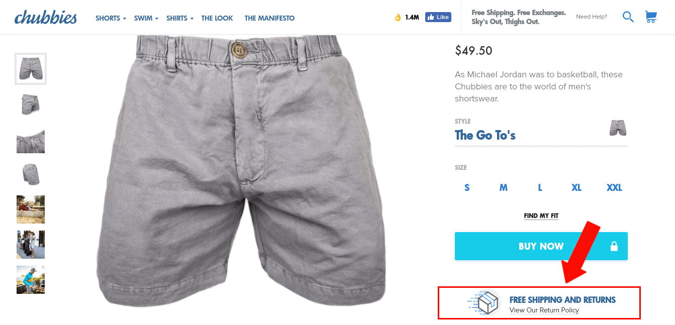 product page conversion strategy Chubbies free shipping
