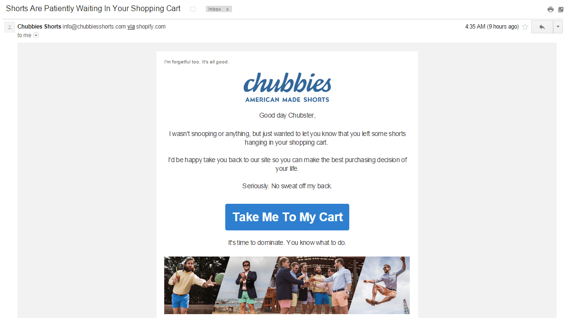 chubbies cart regeneration email ecommerce checkout optimization