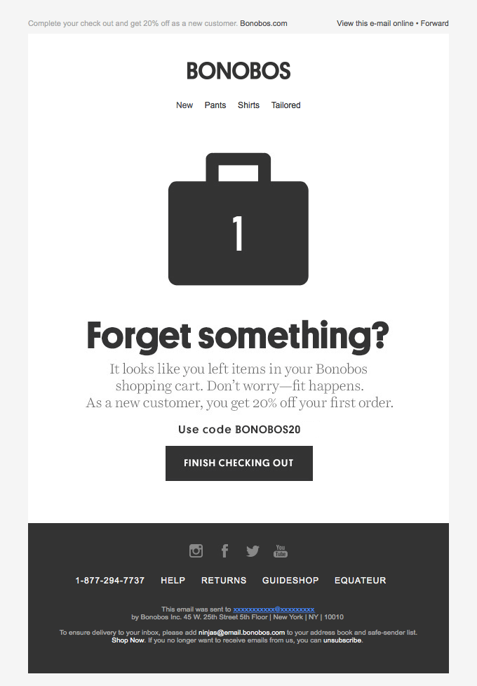Bonobos abandoned cart recovery email mobile