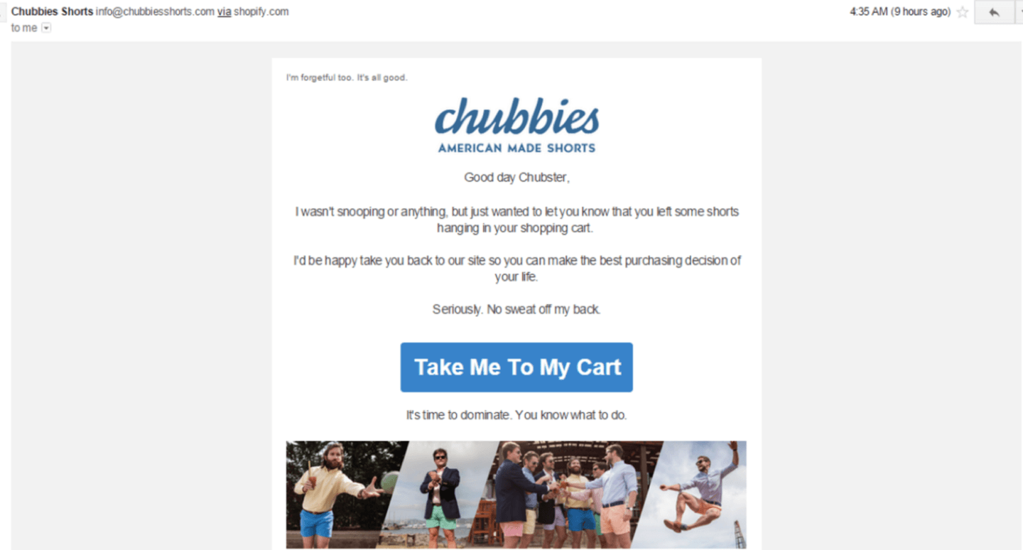 Chubbies abandoned cart recovery email